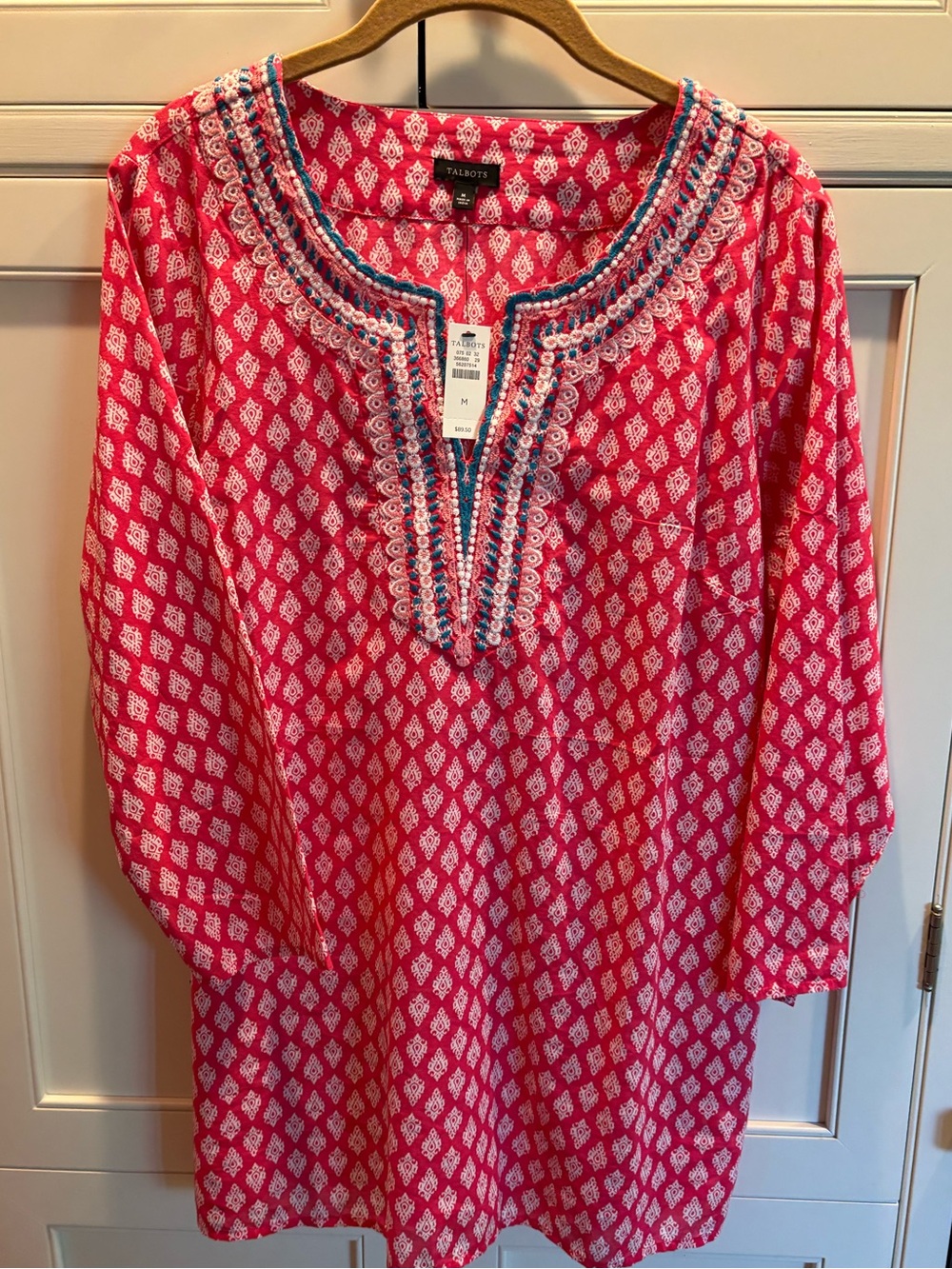 Talbots Bright Pink Printed Tunic with Embroidered Yoke